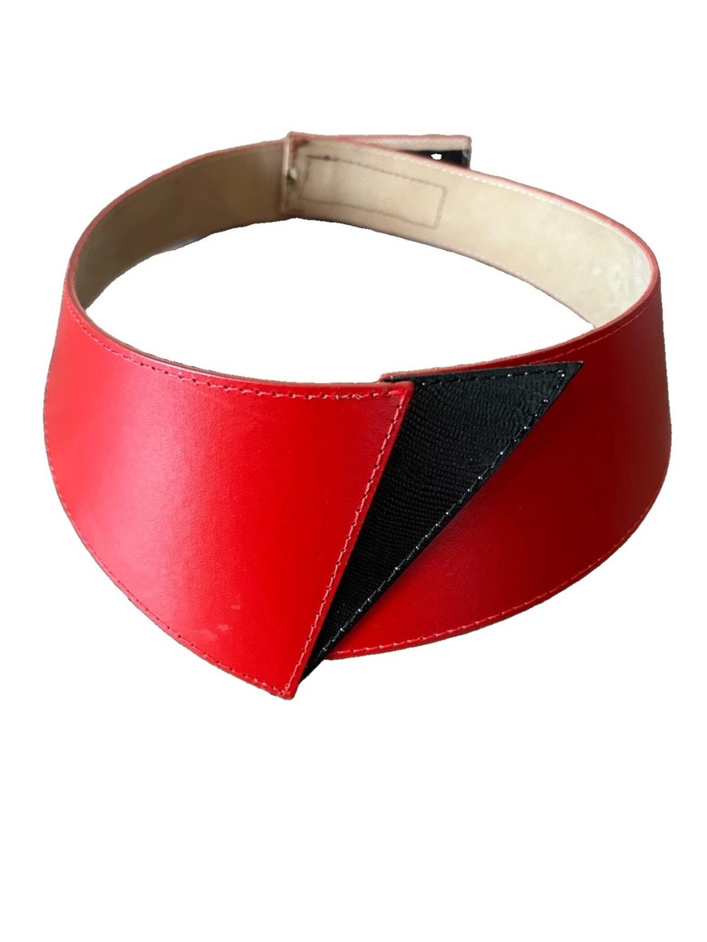 Vintage 80s Red Black Leather Wide Waist Belt Geometric Statement Cinch S/M